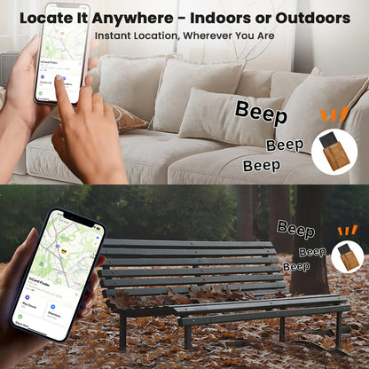 InCard Finder GPS Tracker locating items indoors and outdoors, shown with phone interface and beeping alerts.