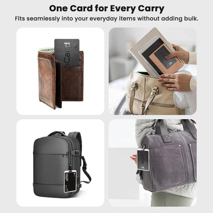InCard Finder GPS Tracker used with wallet, tablet case, backpack, and tote bag, illustrating versatile everyday carry options.