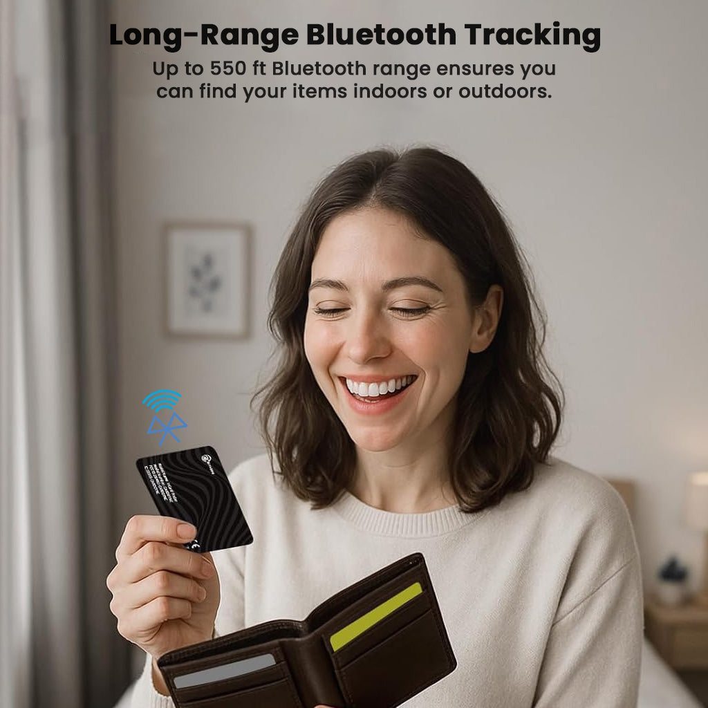 Smiling woman holding InCard Finder GPS Tracker with wallet, highlighting 550 ft Bluetooth range for long-distance tracking.
