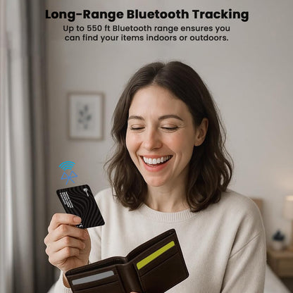 Smiling woman holding InCard Finder GPS Tracker with wallet, highlighting 550 ft Bluetooth range for long-distance tracking.