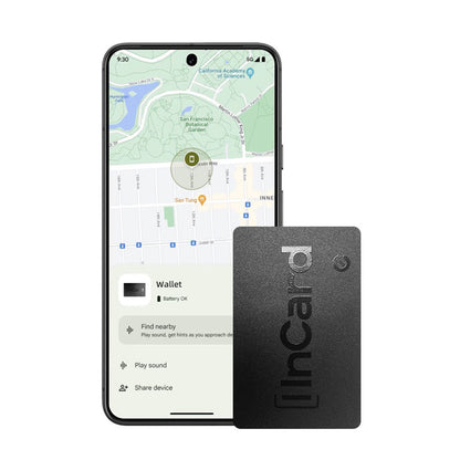 InCard Finder GPS Tracker displayed with Android phone map interface, showing real-time wallet location tracking.