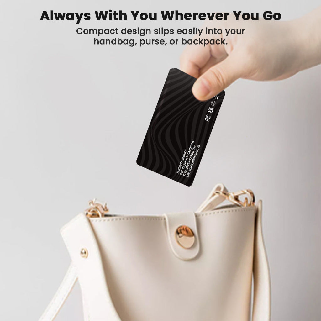 Hand placing InCard Finder GPS Tracker into a white handbag, highlighting its compact, portable design for everyday carry.
