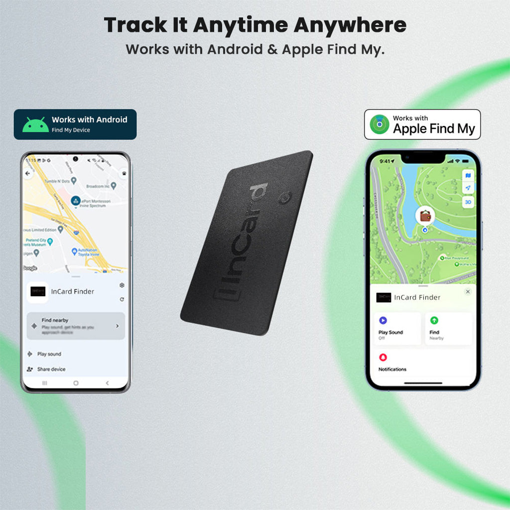 InCard Finder GPS Tracker works with Apple Find My and Google Find Hub, shown with both Android and iOS tracking interfaces.