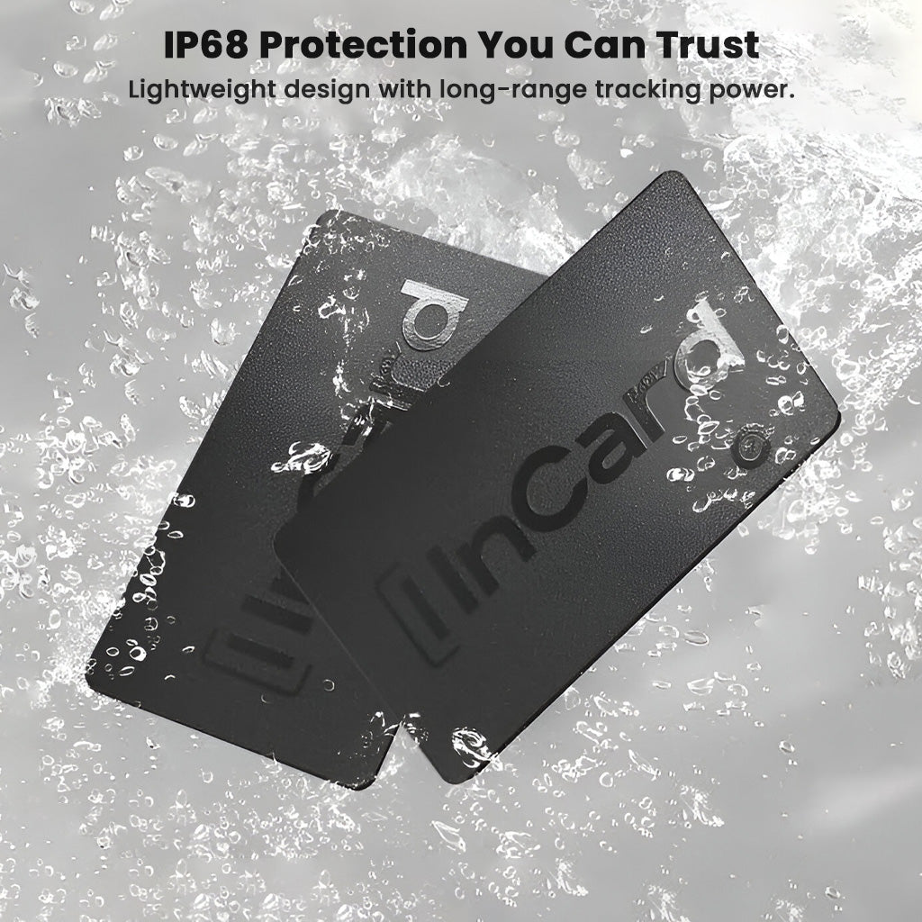 InCard Finder GPS Tracker submerged in water, showcasing IP68 waterproof rating for reliable outdoor and rugged use.