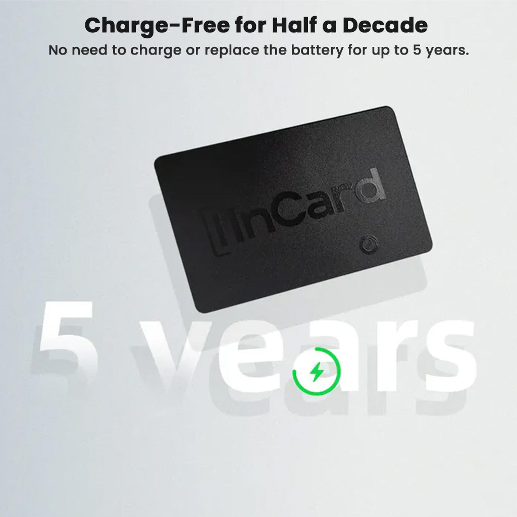 InCard Finder GPS Tracker with 5-year battery life, emphasizing long-term use without charging or battery replacement.
