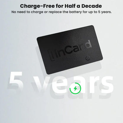 InCard Finder GPS Tracker with 5-year battery life, emphasizing long-term use without charging or battery replacement.