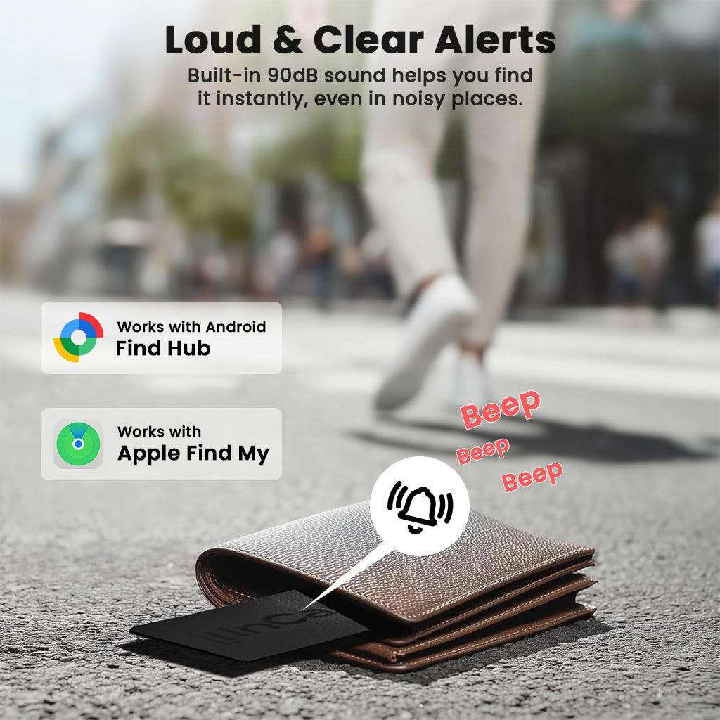 InCard Finder GPS Tracker inside wallet emitting loud alert beeps, featuring 90dB sound for easy item location.
