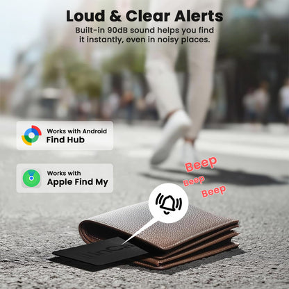 InCard Finder GPS Tracker inside wallet emitting loud alert beeps, featuring 90dB sound for easy item location.