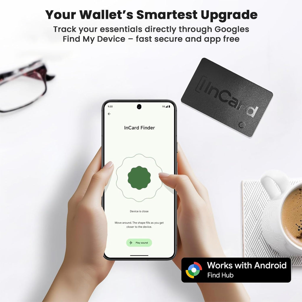 InCard Finder GPS Tracker paired with Android phone, showing fast and secure tracking via Google Find My Device.