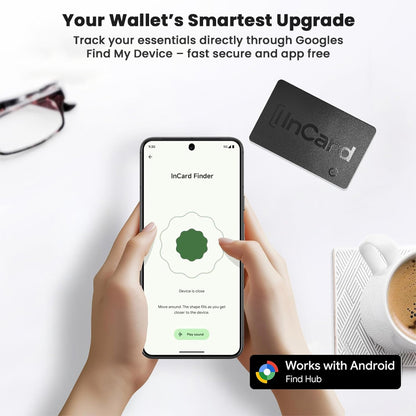 InCard Finder GPS Tracker paired with Android phone, showing fast and secure tracking via Google Find My Device.