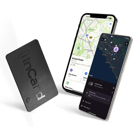 InCard Finder Wireless GPS Tracker shown with Apple and Android tracking apps, compatible with Apple Find My and Google Find Hub.