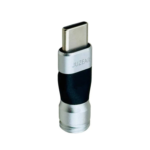 JUZEAR Defiant TYPE-C DAC Adapter for IEM Cables featuring a compact silver and black design, ideal for high-quality audio conversion.