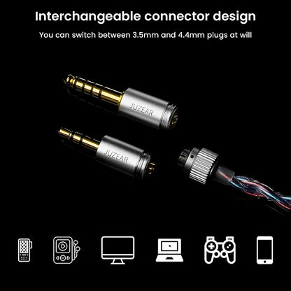 JUZEAR x Z Reviews Defiant 1DD+3BA Hybrid IEMs with interchangeable 3.5mm and 4.4mm connectors, ideal for versatile audio setups.