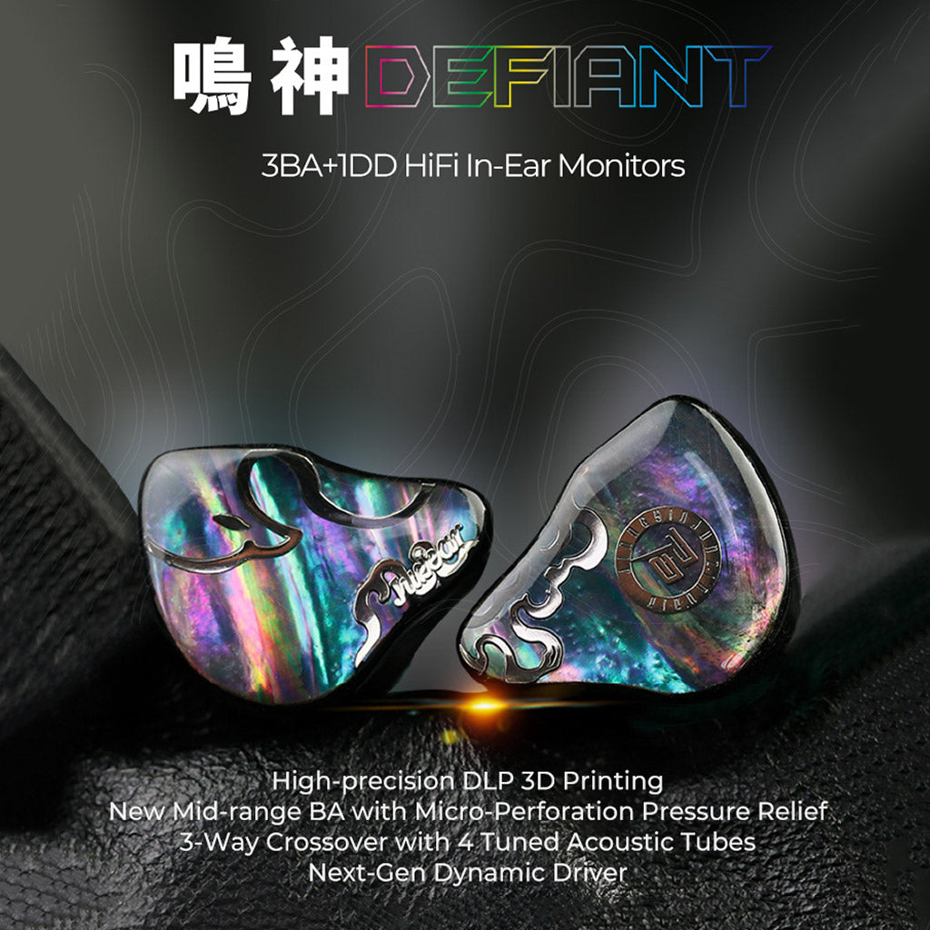 JUZEAR x Z Reviews Defiant 1DD+3BA Hybrid IEMs with rainbow CNC-milled faceplates and 3-way crossover, designed for high-fidelity audio performance.