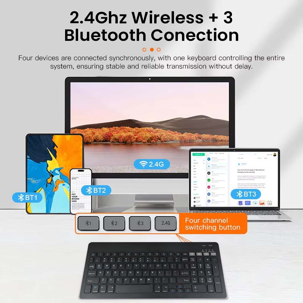 KB2858 Multi-Device Wireless Keyboard and Mouse Combo supports 2.4GHz and Bluetooth for seamless control of up to 4 devices simultaneously.