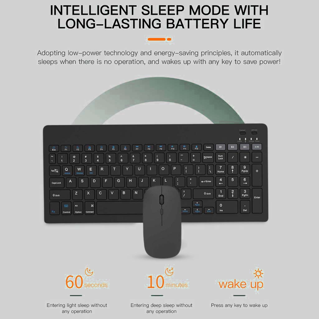 KB2858 Wireless Combo with intelligent sleep mode, auto-sleep after inactivity, and instant wake-up for power-saving performance.