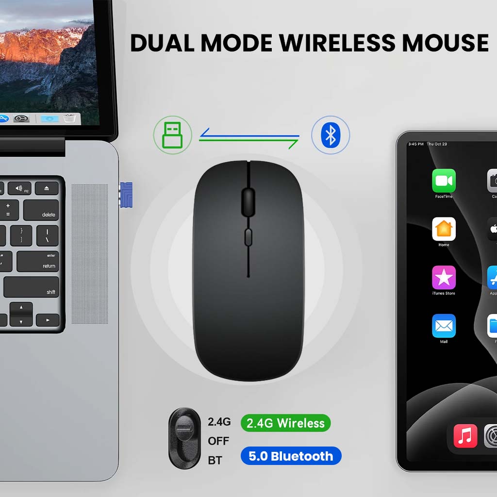 KB2858 Dual Mode Wireless Mouse supports 2.4GHz and Bluetooth 5.0 for flexible connectivity across multiple devices.