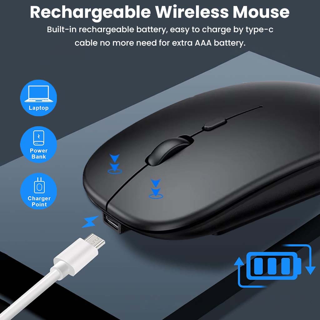 Rechargeable KB2858 Wireless Mouse with built-in battery and Type-C charging, compatible with laptops, power banks, and chargers.