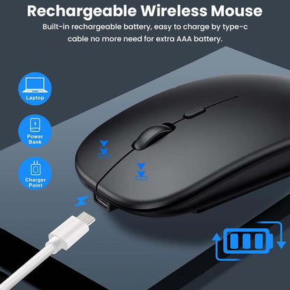 Rechargeable KB2858 Wireless Mouse with built-in battery and Type-C charging, compatible with laptops, power banks, and chargers.