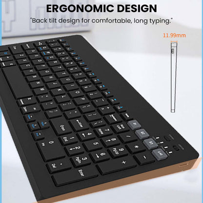 Ergonomic KB2858 Wireless Keyboard with back tilt design for comfortable long typing sessions, measuring only 11.99mm in thickness.