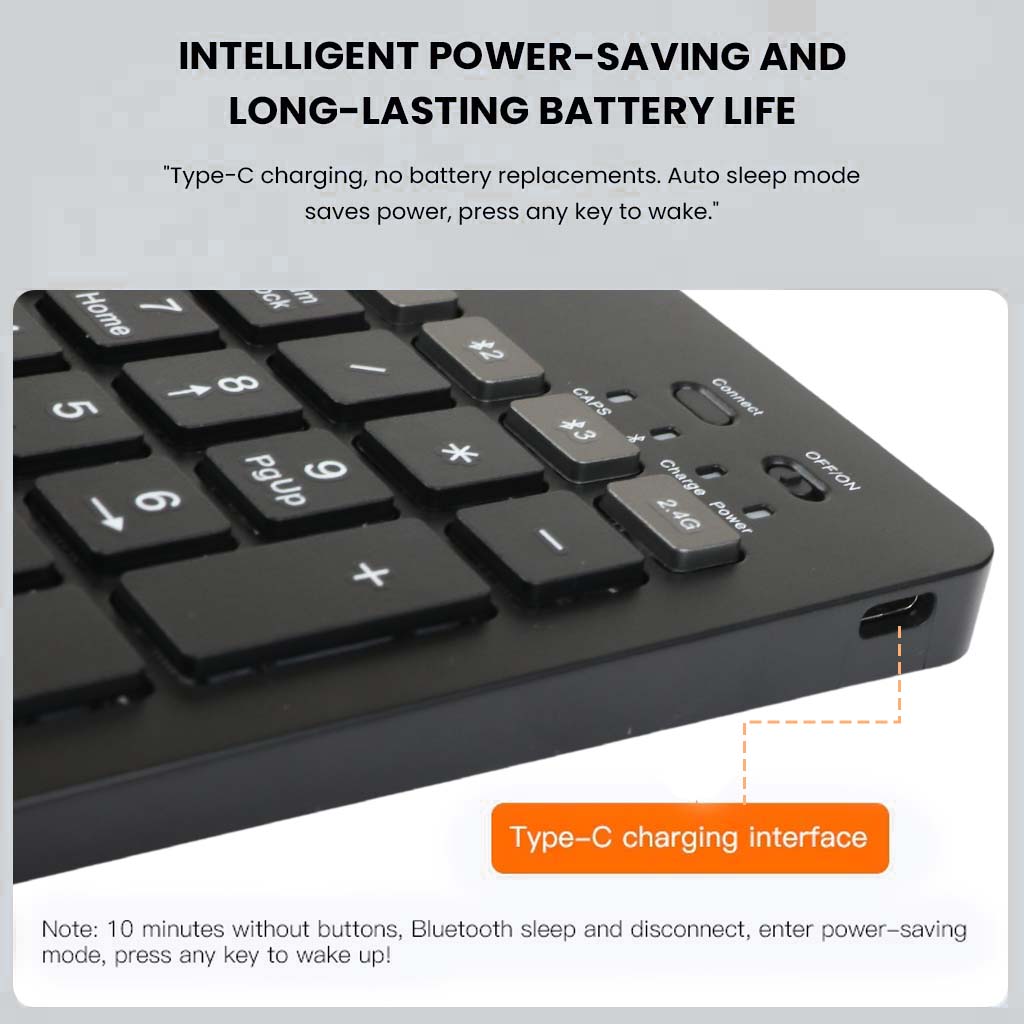 KB2858 Wireless Keyboard with Type-C charging and intelligent power-saving mode for extended battery life and efficient energy use.