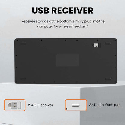 KB2858 Wireless Keyboard bottom view showing USB receiver storage and anti-slip foot pads for stable desktop placement.