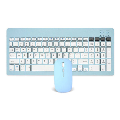 KB2858 Multi-Device Wireless Keyboard and Mouse Combo in blue with full-size keys and minimalist mouse for stylish workspace setup.