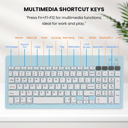 KB2858 Blue Wireless Keyboard includes multimedia shortcut keys for quick access to essential functions, ideal for productivity.
