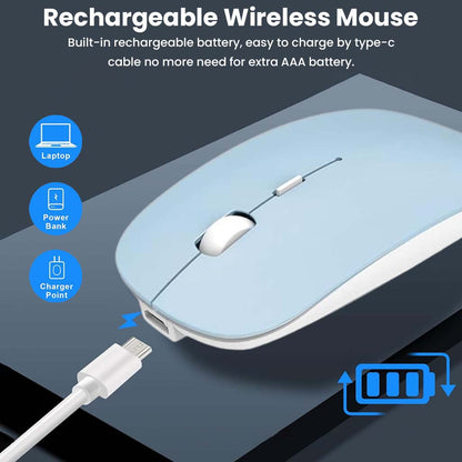 Rechargeable KB2858 Blue Wireless Mouse with Type-C charging, compatible with laptops, power banks, and charging points.
