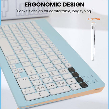 Ergonomic KB2858 Blue Keyboard with back tilt design for comfortable typing and slim 11.99mm profile for modern workspaces.