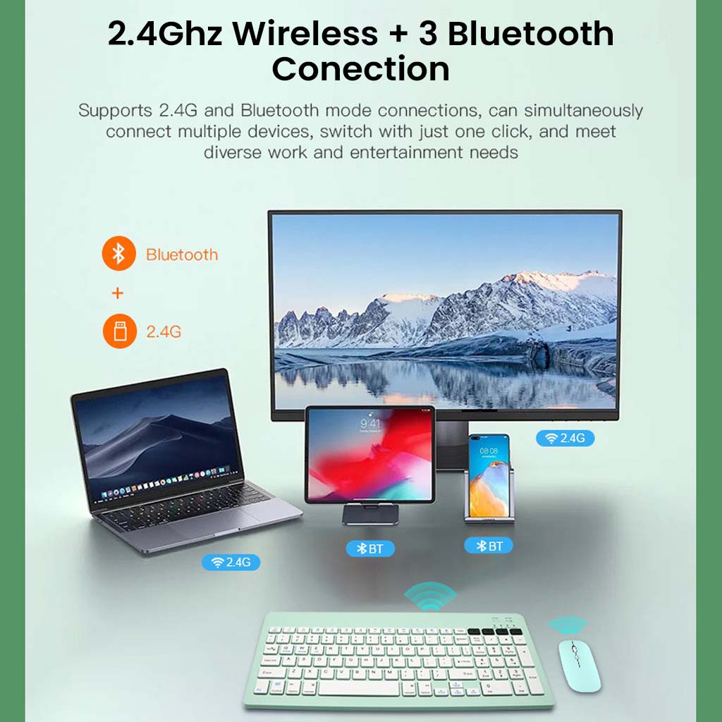 Green KB2858 Wireless Combo supports 2.4GHz and Bluetooth connections for seamless switching between multiple devices.