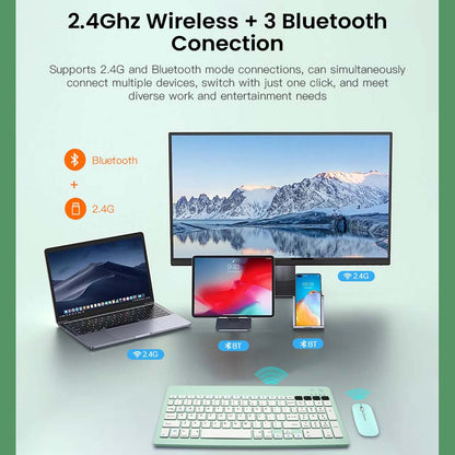 Green KB2858 Wireless Combo supports 2.4GHz and Bluetooth connections for seamless switching between multiple devices.