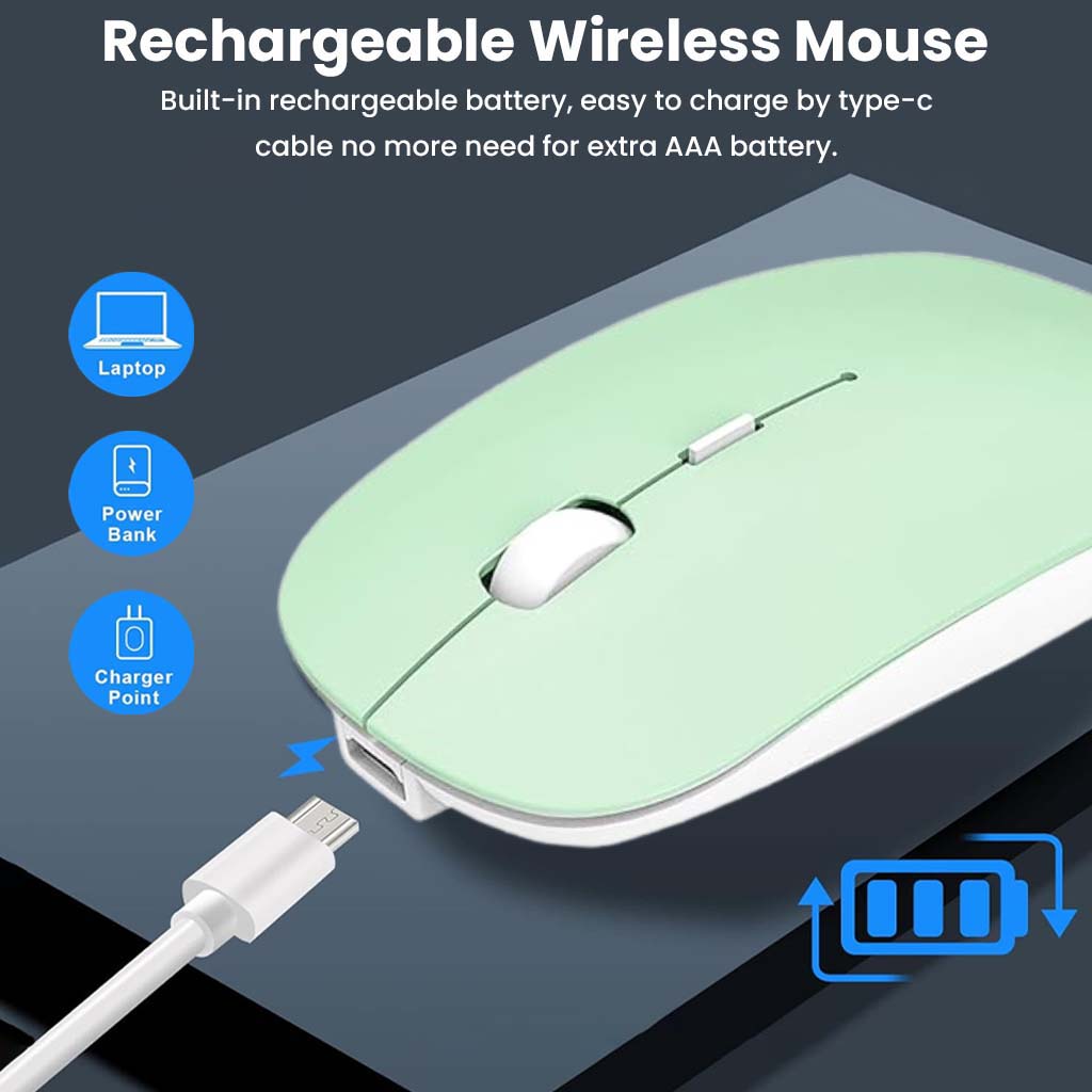 Rechargeable KB2858 Green Wireless Mouse with Type-C charging, compatible with various power sources for convenience.