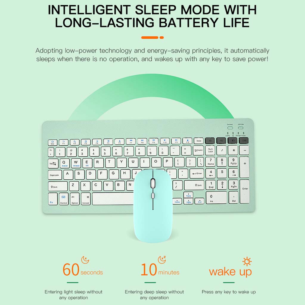 Green KB2858 Wireless Combo with intelligent sleep mode, conserving energy by entering sleep after inactivity and waking with key press.