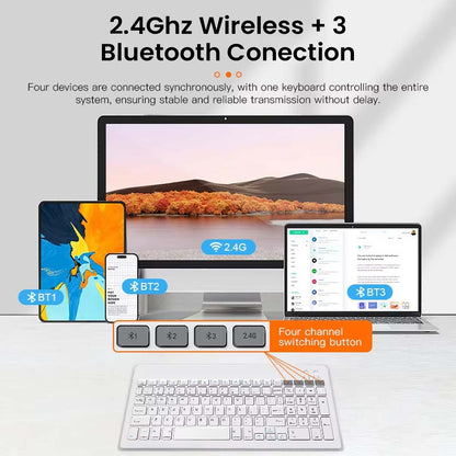White KB2858 Wireless Combo supports 2.4GHz and Bluetooth for controlling up to 4 devices with seamless switching.