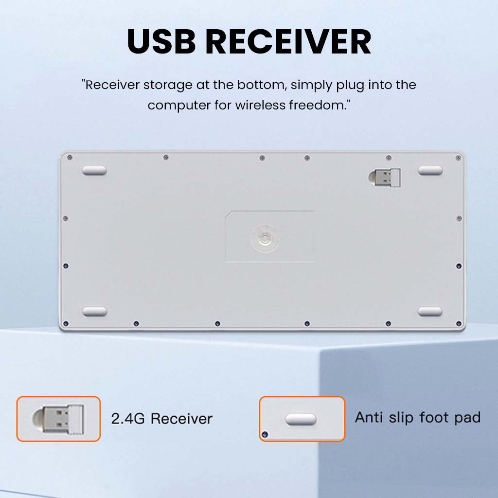 Bottom view of KB2858 White Wireless Keyboard showing USB receiver storage and anti-slip pads for stable desktop placement.