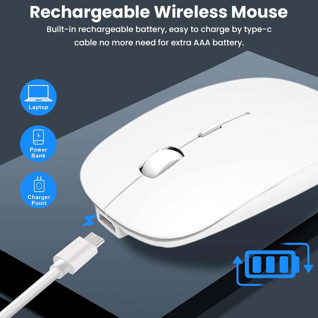 Rechargeable KB2858 White Wireless Mouse with built-in battery and Type-C charging, compatible with multiple power sources.