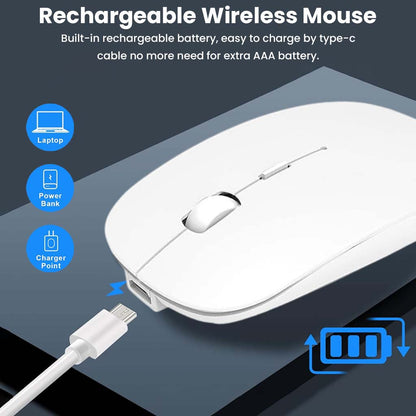 Rechargeable KB2858 White Wireless Mouse with built-in battery and Type-C charging, compatible with multiple power sources.