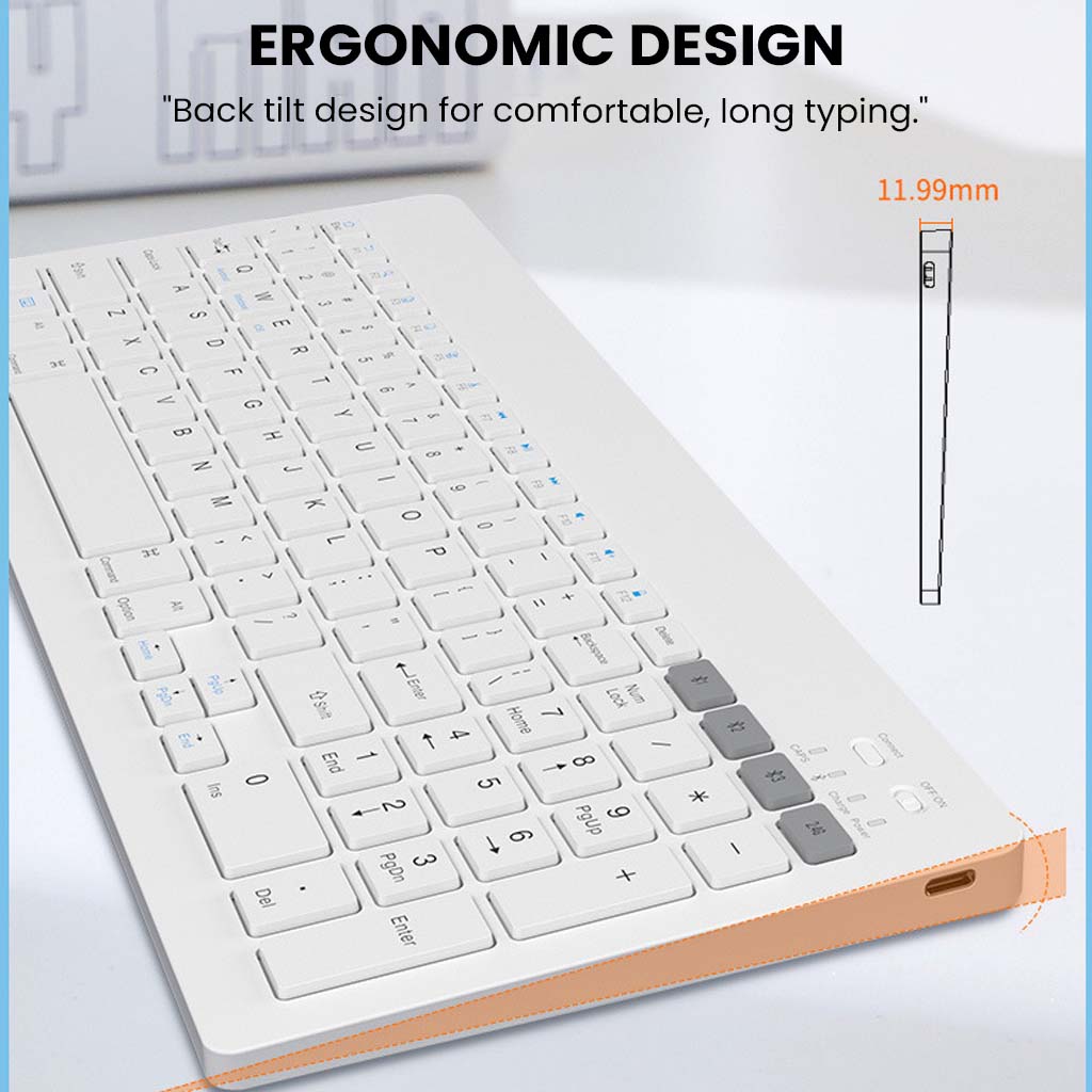 Ergonomic KB2858 White Keyboard with back tilt design and slim 11.99mm profile for comfortable and stylish typing.