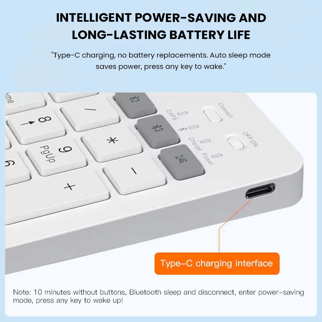 KB2858 White Wireless Keyboard with Type-C charging and intelligent sleep mode for efficient power usage and extended battery life.