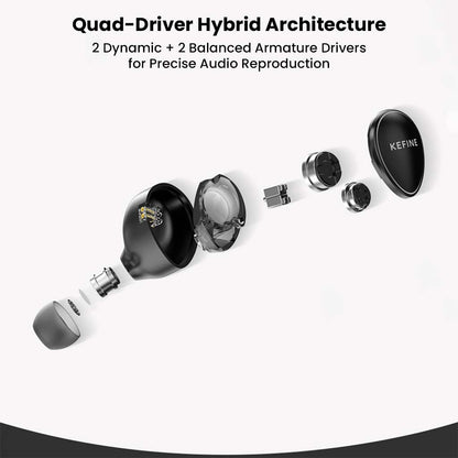 Exploded view of KEFINE Quatio IEM showcasing quad-driver hybrid architecture with 2 dynamic and 2 balanced armature drivers.