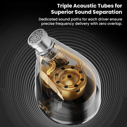 Internal view of KEFINE Quatio IEM showing triple acoustic tubes for precise sound separation and zero frequency overlap.