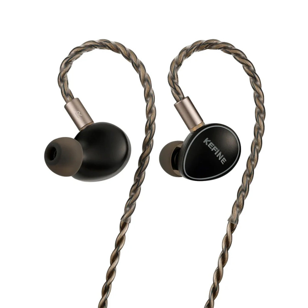 KEFINE Quatio in-ear monitors featuring dual dynamic and balanced armature drivers with over-ear braided cable for secure fit and premium sound.