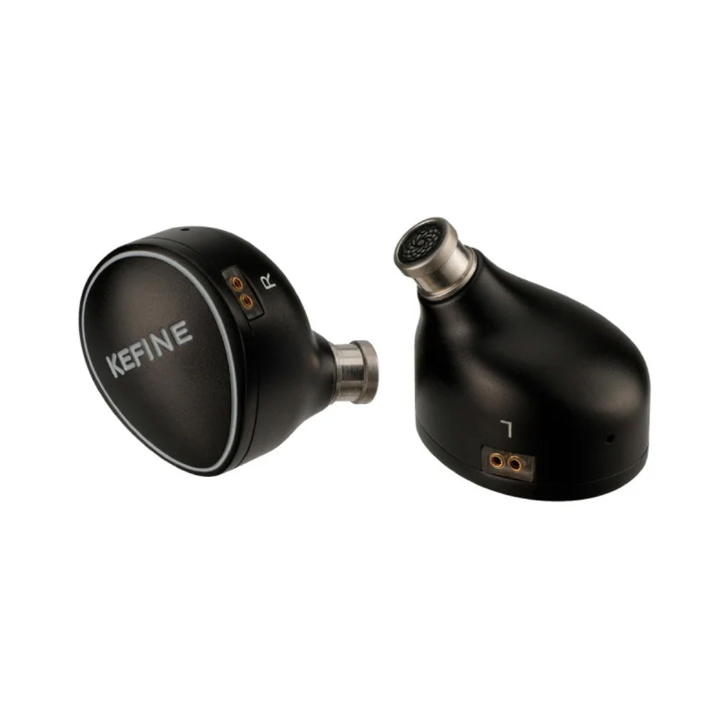 Close-up of KEFINE Quatio IEMs showing 0.78mm 2-pin connectors and sleek black housing designed for audiophile-grade sound clarity.