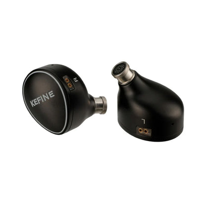Close-up of KEFINE Quatio IEMs showing 0.78mm 2-pin connectors and sleek black housing designed for audiophile-grade sound clarity.