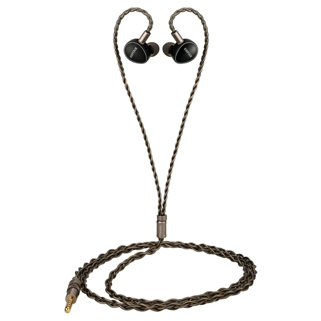 Full view of KEFINE Quatio hybrid IEMs with detachable braided cable and 3.5mm plug, ideal for professional and personal audio use.