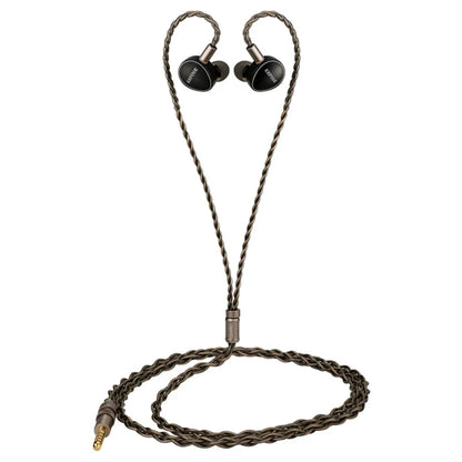 Full view of KEFINE Quatio hybrid IEMs with detachable braided cable and 3.5mm plug, ideal for professional and personal audio use.