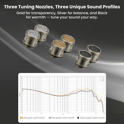 Three tuning nozzles for KEFINE Quatio IEMs with gold, silver, and black filters offering unique sound profiles and frequency response.