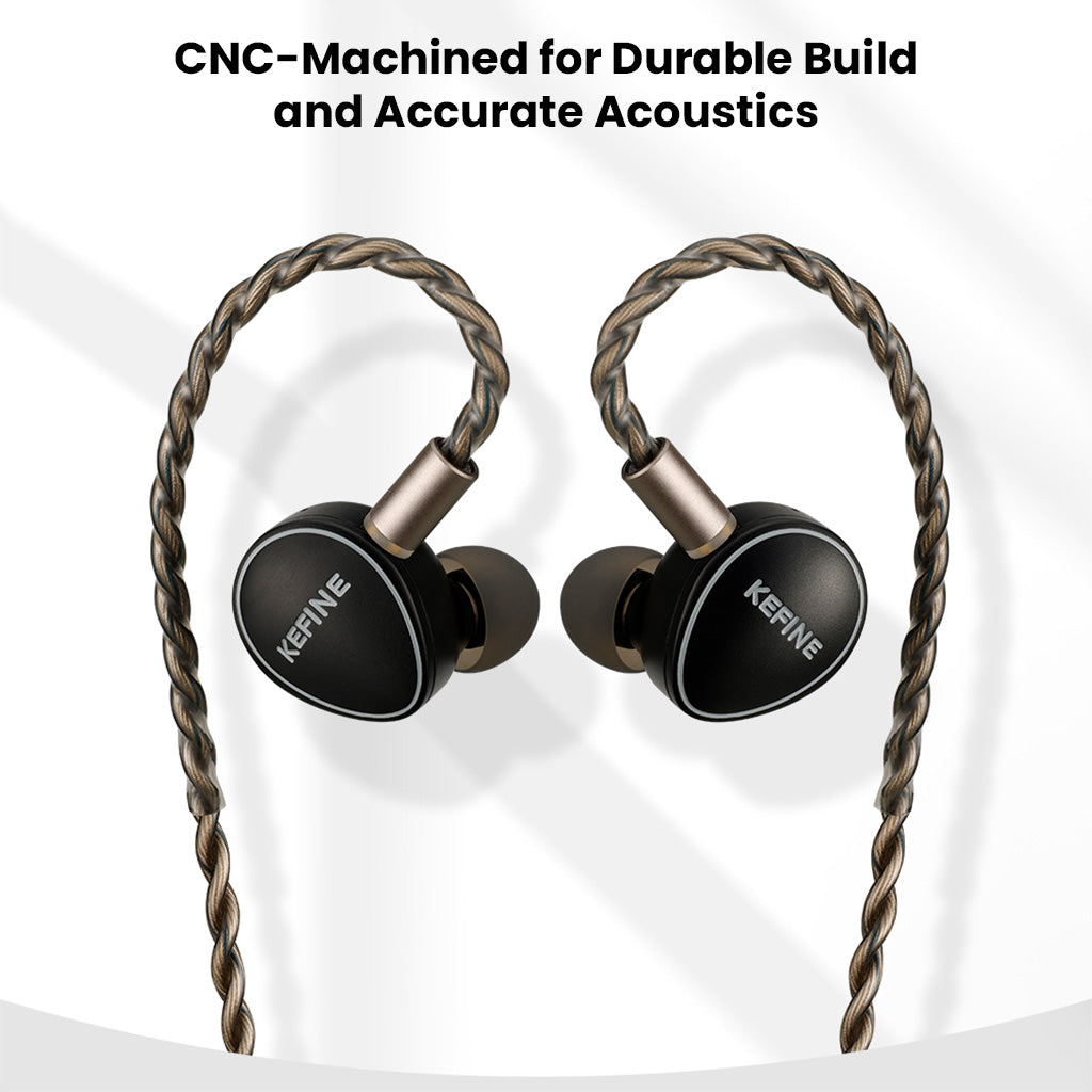 KEFINE Quatio IEMs with CNC-machined housing for durability and accurate acoustics, paired with a high-quality braided cable.