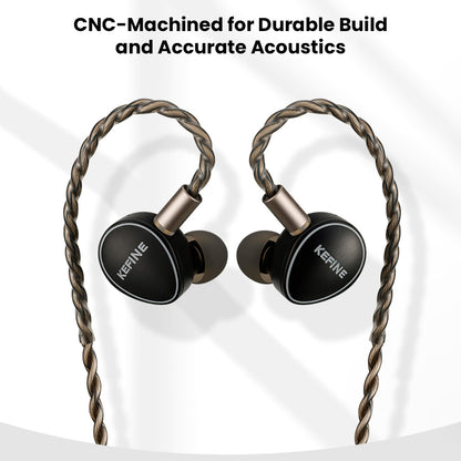 KEFINE Quatio IEMs with CNC-machined housing for durability and accurate acoustics, paired with a high-quality braided cable.
